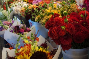 Dahlien, Sonnenblumen und Rosen